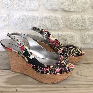 Guess floral leopard satin cork wedges peeptoe 8 M